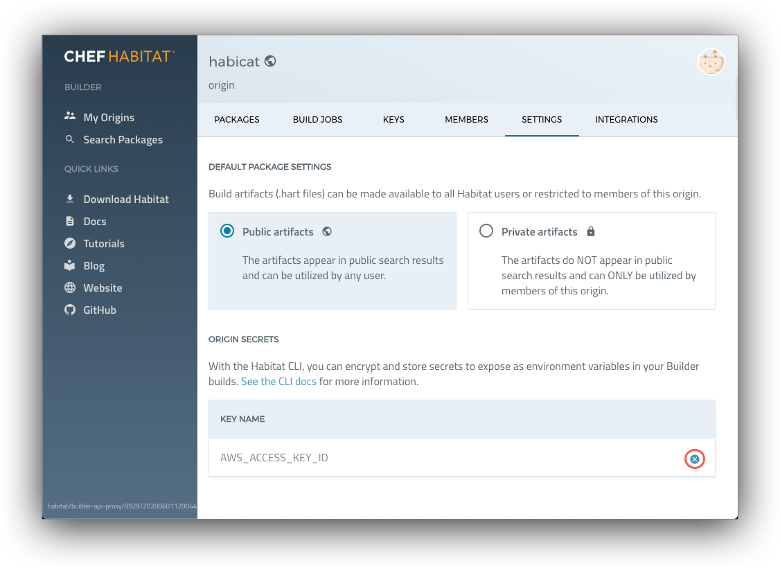 The administrator or owner&rsquo;s view of the origin settings tab with a public default package setting and a saved origin secret